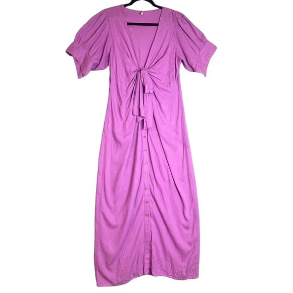 Free People Dresses & Skirts - Free People Vintage Summer Midi Dress Button Tie Front Orchid Rain Purple L Boho